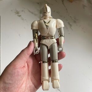 Vintage Cream & Gray Robot Action Figure with Gold Accents